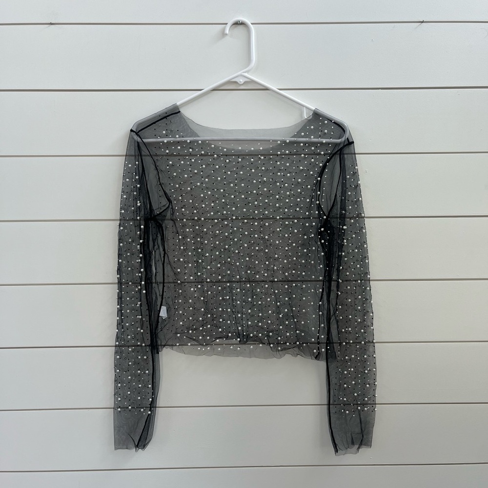 Sheer Black Mesh Top with Pearl Accents
